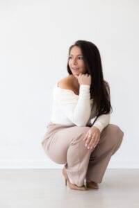 Studio session of person in front of white backdrop